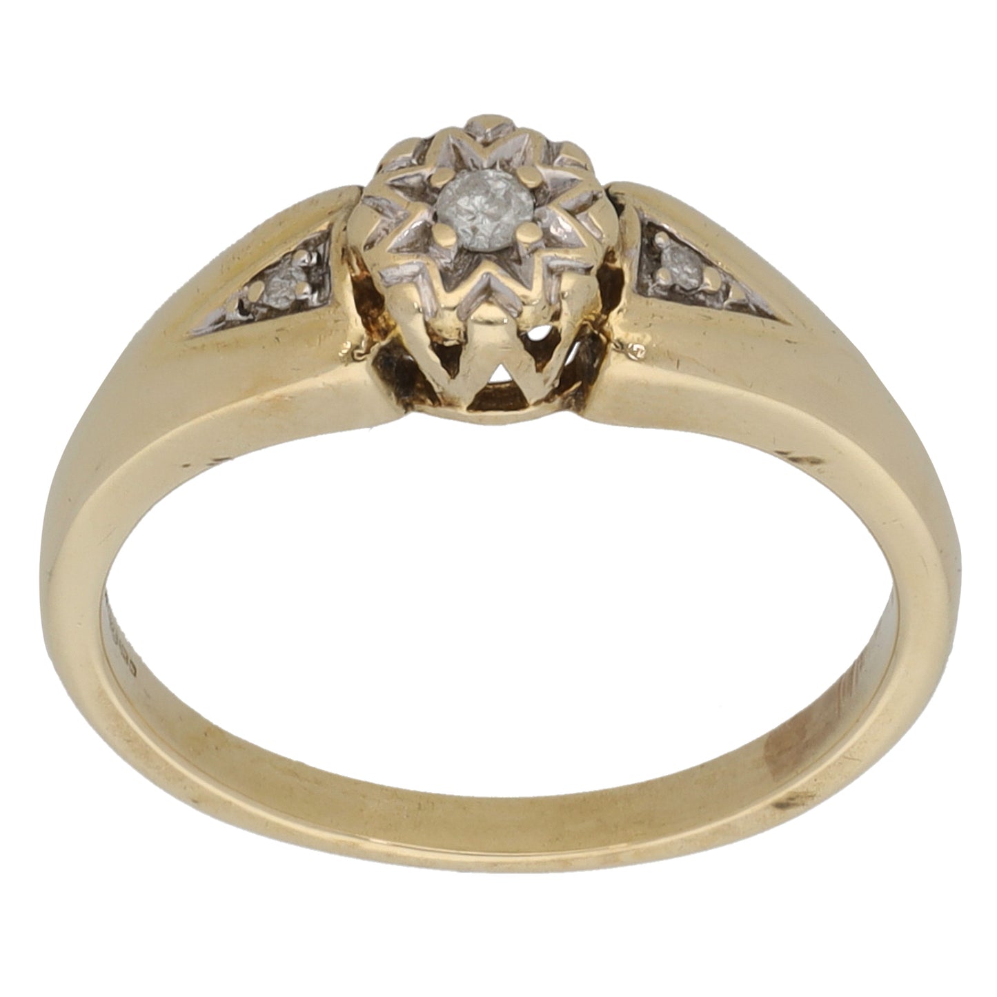 9ct Gold 0.07ct Diamond Solitaire Ring With Accent Stones Size M