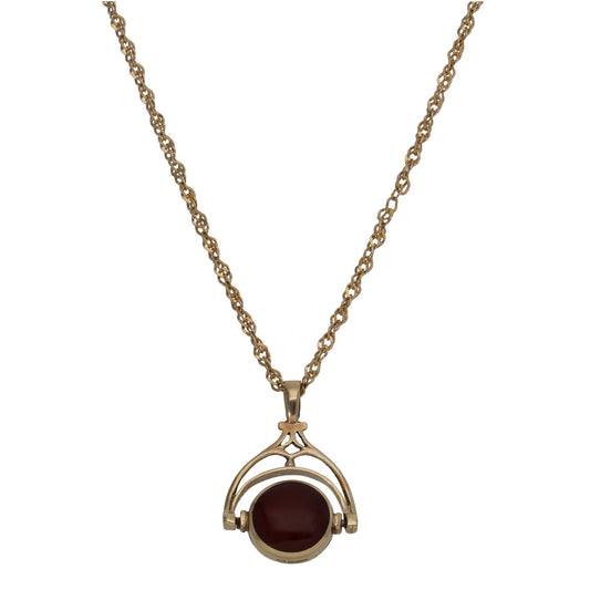 9ct gold fob pendant with round red carnelian stone on link chain