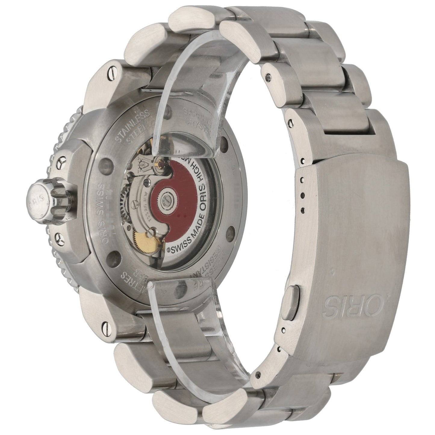 Oris Vintage 7653-04 Stainless steel watch with see-through caseback showing automatic movement and metal bracelet.