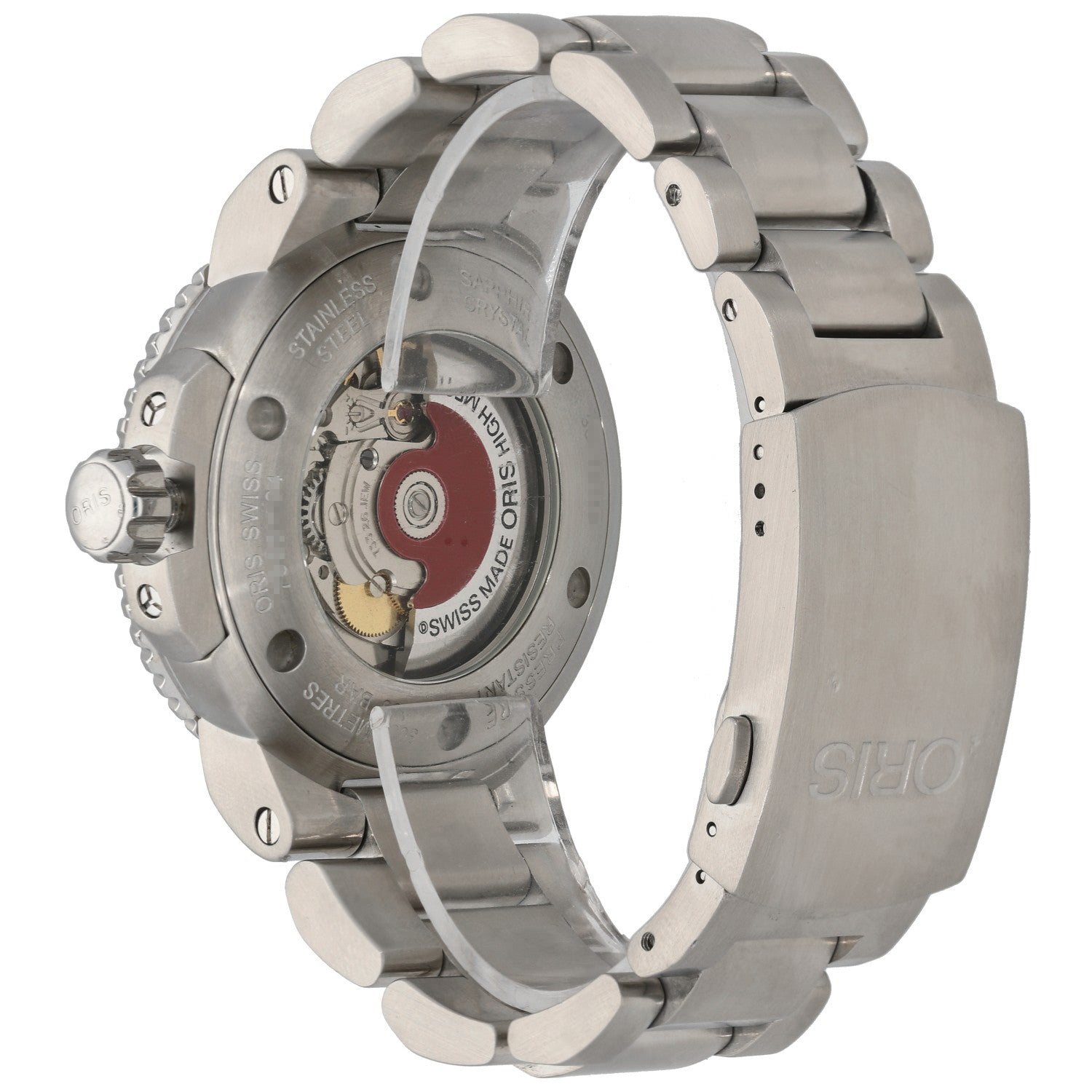 Oris Vintage 7653-04 Stainless steel watch with see-through caseback showing automatic movement and metal bracelet.