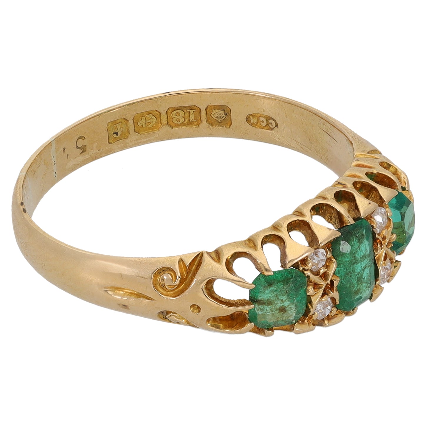 18ct Gold Emerald & 0.04ct Diamond A&V Stone Set Ring Size Q