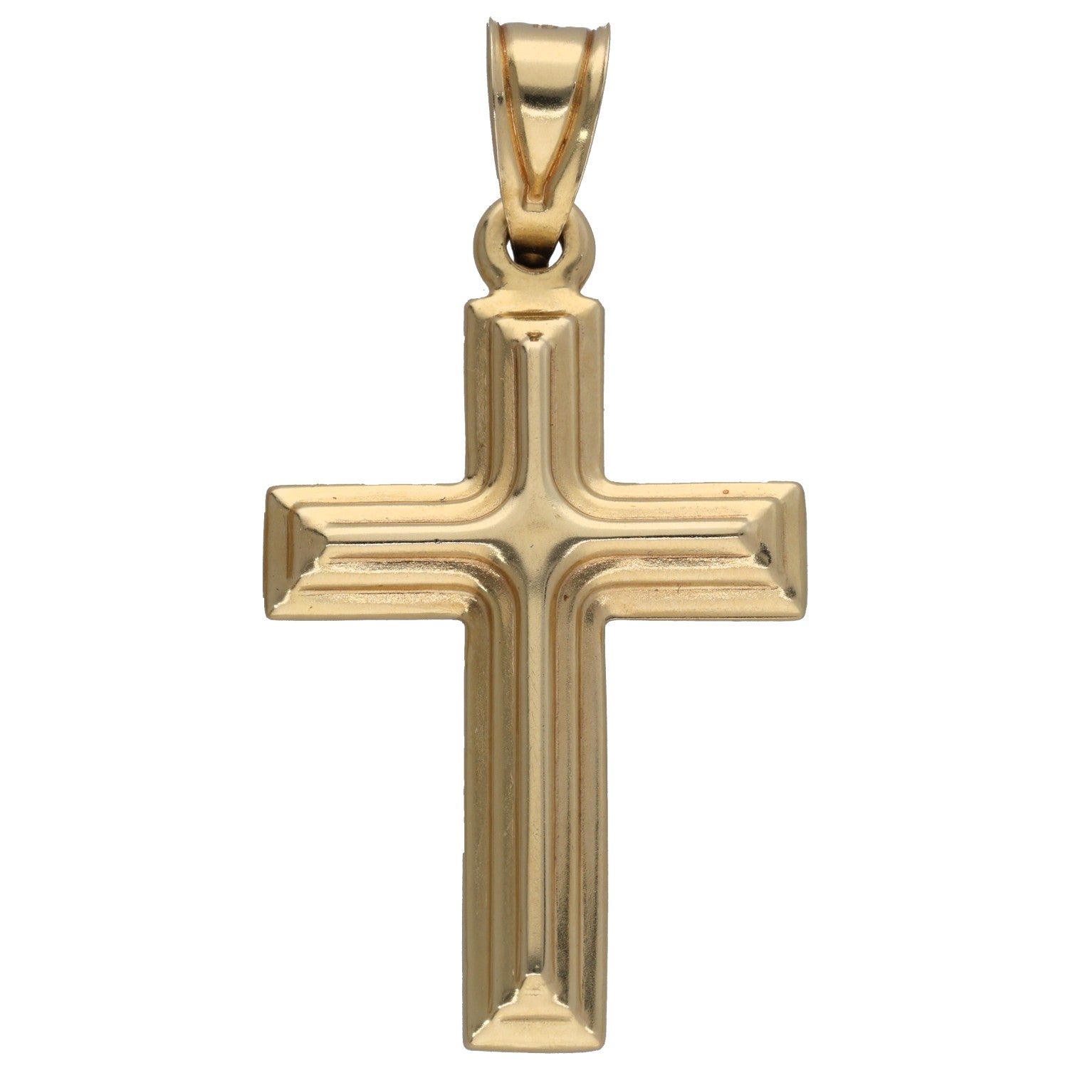 14ct gold cross pendant with polished ridged center and top bail loop
