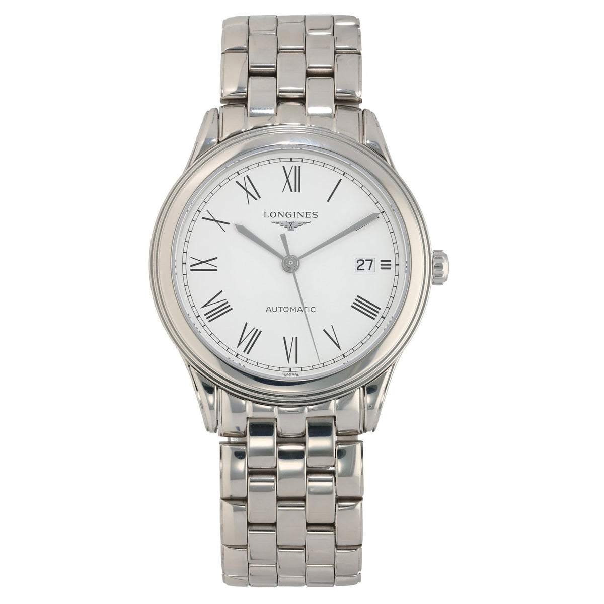 Longines Flagship  L4.974.4 with white dial and black roman numberal hour markers, inside a 38.5mm stainless steel case