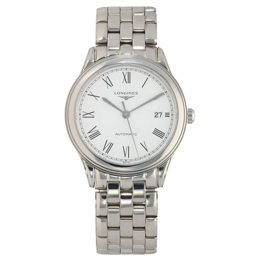 Longines Flagship  L4.974.4 with white dial and black roman numberal hour markers, inside a 38.5mm stainless steel case