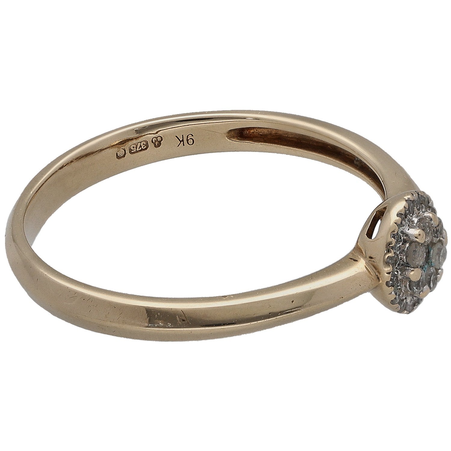 9ct gold diamond cluster ring, side view with round halo setting