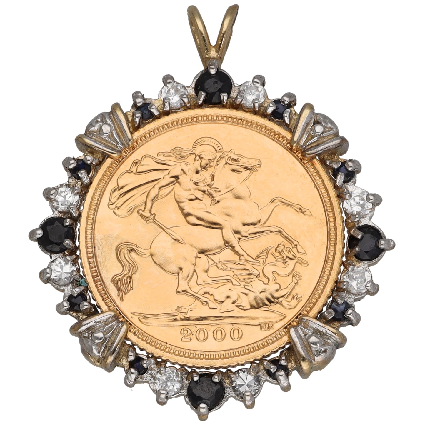 9ct Gold Cubic Zirconia & Sapphire Half Sovereign Coin Pendant