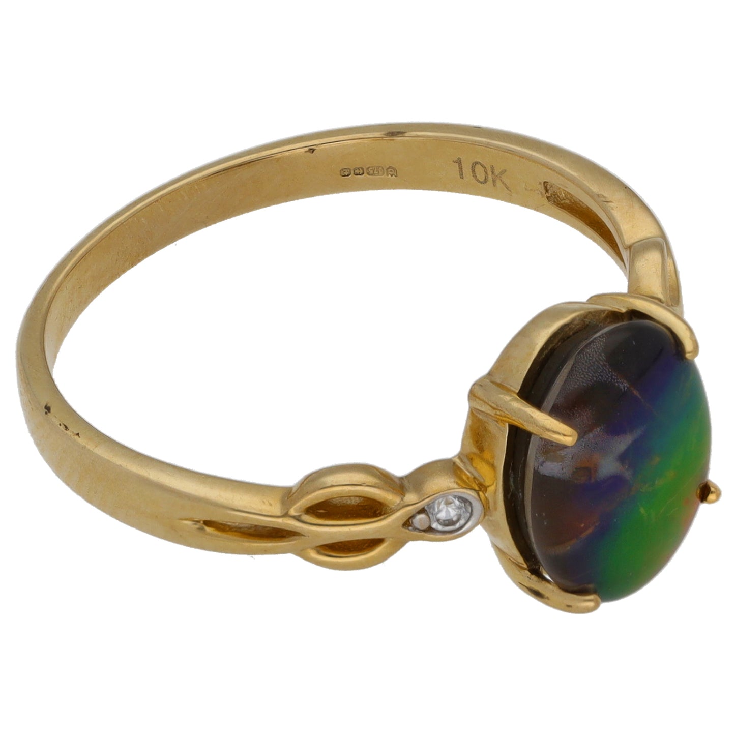 9ct Gold Ammolite & Imitation Gems Three Stone Ring Size R