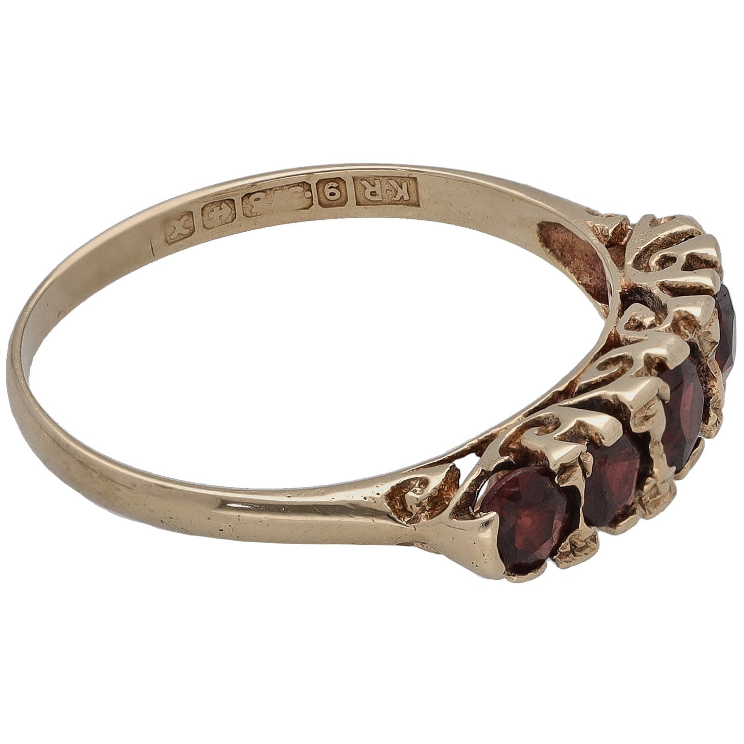 9ct gold garnet cocktail ring, side view with dark red stone cluster and engraved band