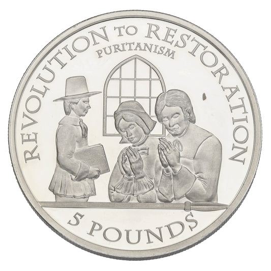 Sterling Silver Revolution To Restoration Puritanism 5 Pounds Coin 2010