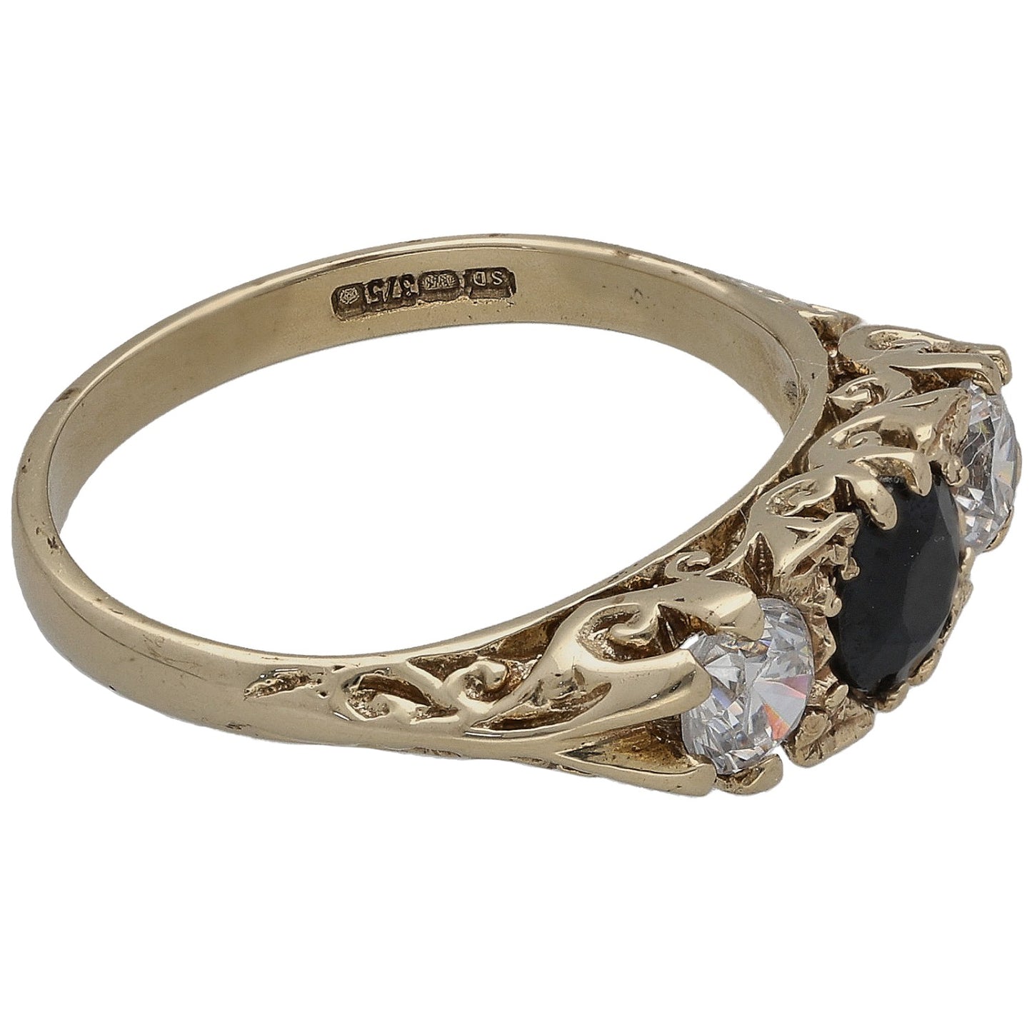 9ct Gold Sapphire & Cubic Zirconia Three Stone Ring Size M