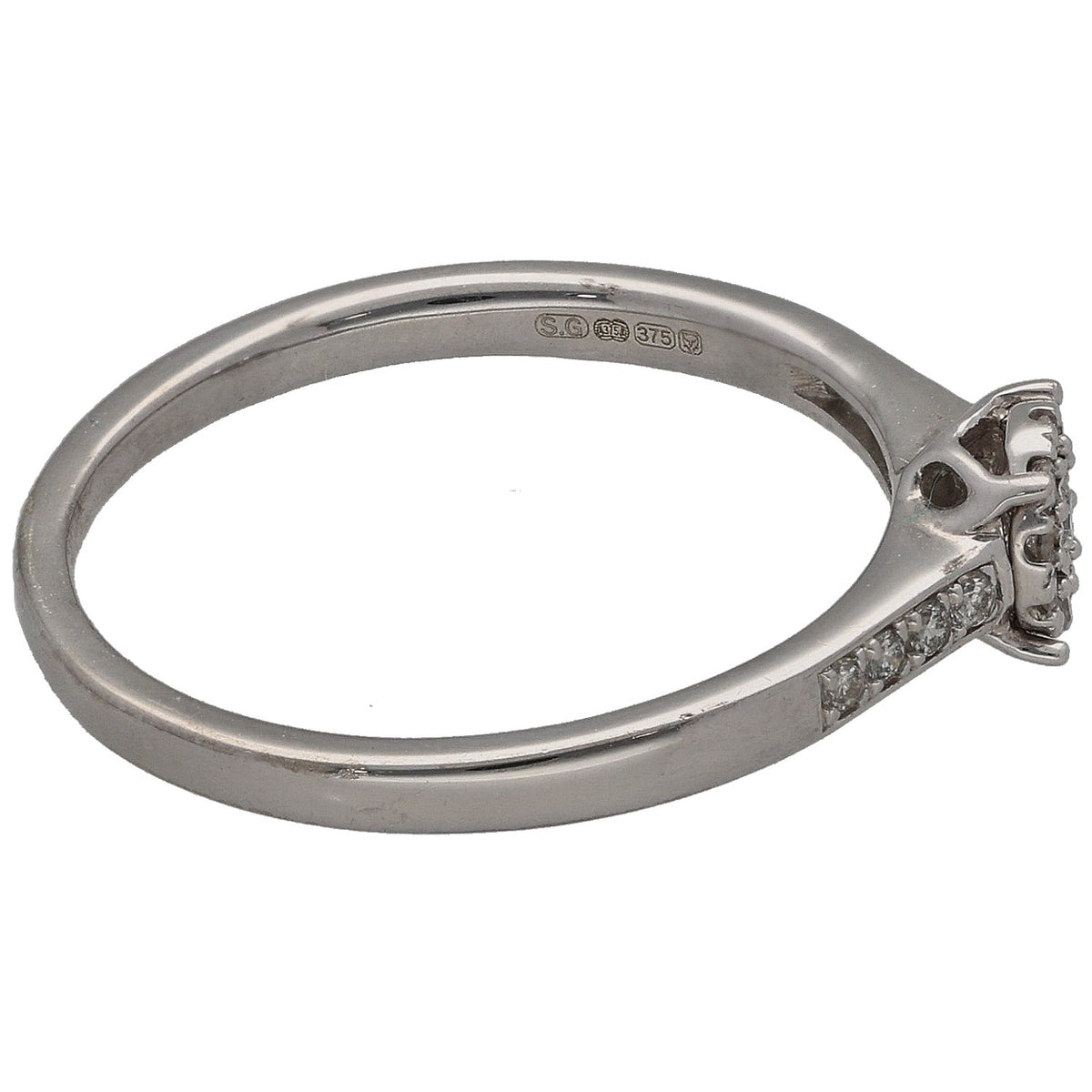 9ct white gold diamond cluster ring, side view with round stones and hallmark inside
