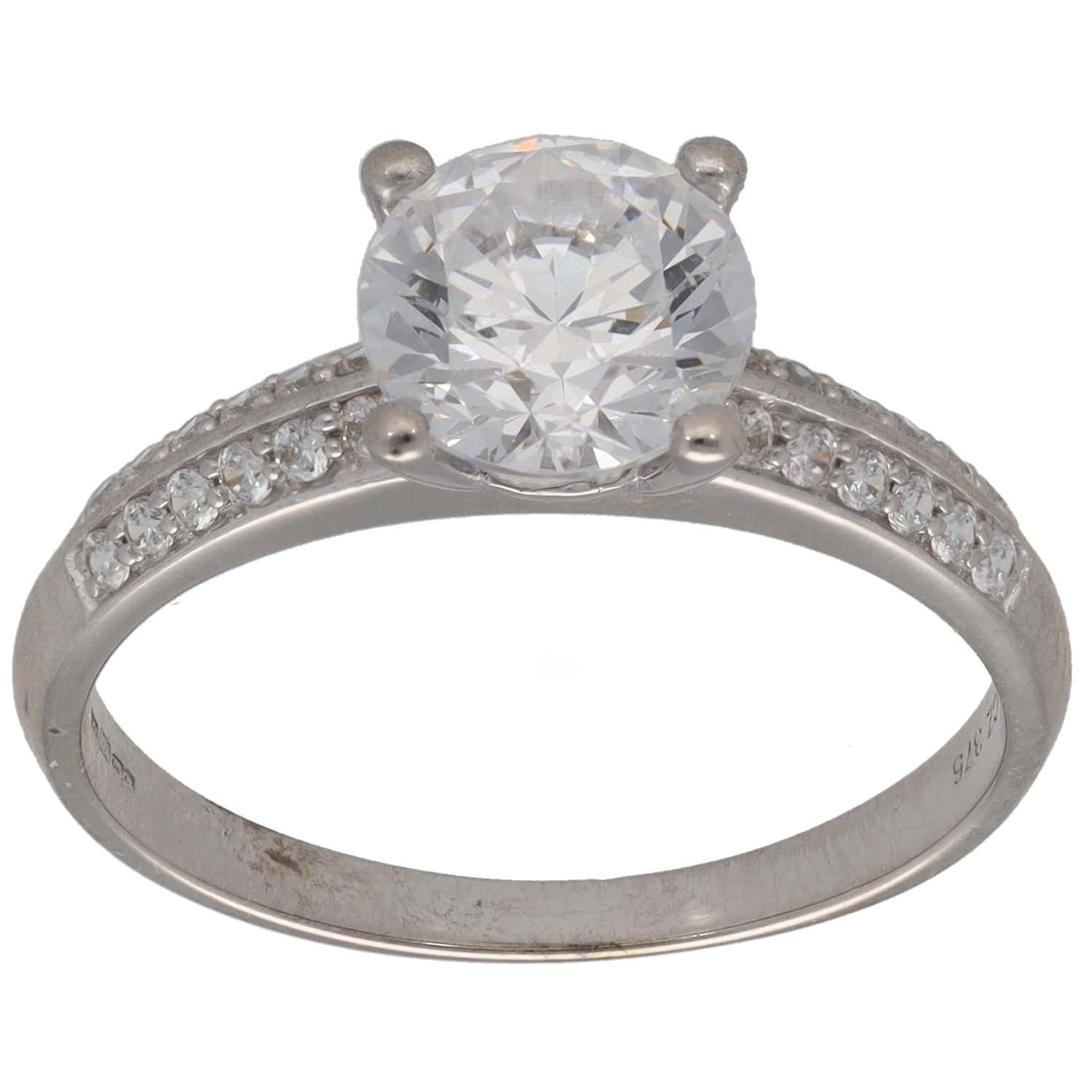 9ct white gold ring with round CZ center stone and accented shoulders