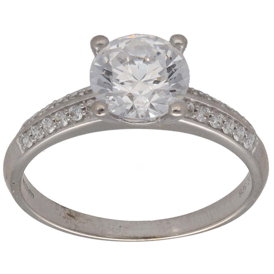 9ct white gold ring with round CZ center stone and accented shoulders