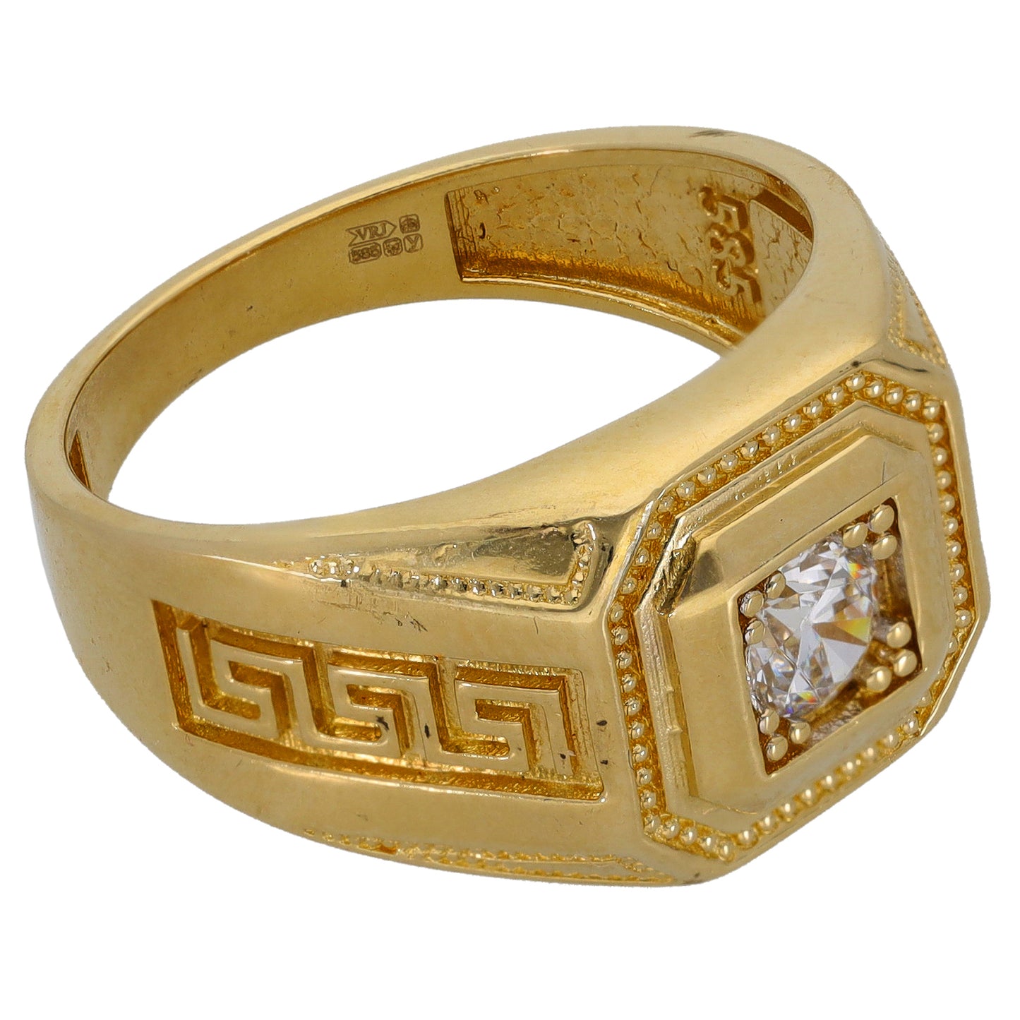 14ct Gold Cubic Zirconia Patterned Single Stone Signet Ring Size V