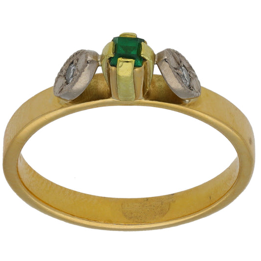 18ct Bicolour Gold Emerald & 0.02ct Diamond Trilogy Ring Size M