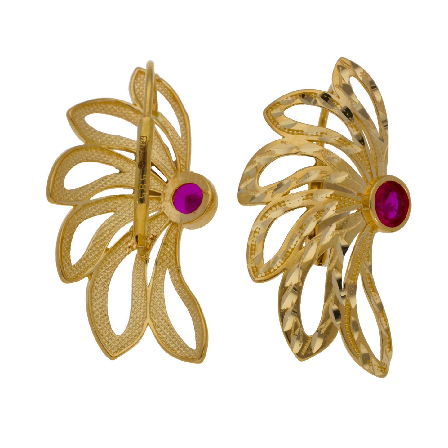 New 14ct Gold Imitation Red Stone Fan Flower Earrings