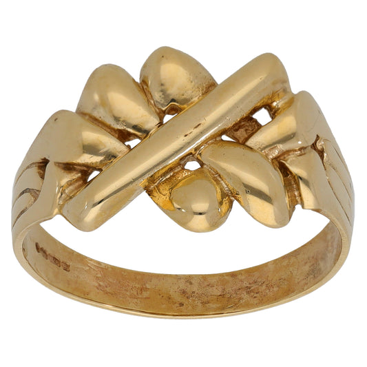 Gold-tone ring with cross-over band and two rounded bezel settings