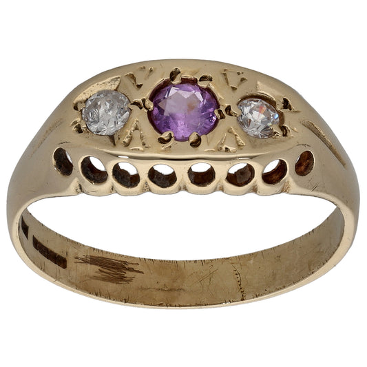 9ct Gold Amethyst & Cubic Zirconia Trilogy Ring Size O