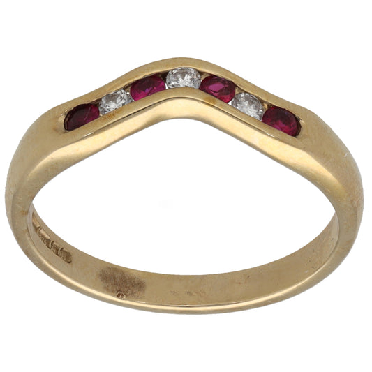 9ct Gold Ruby & 0.09ct Diamond Wishbone Ring Size N
