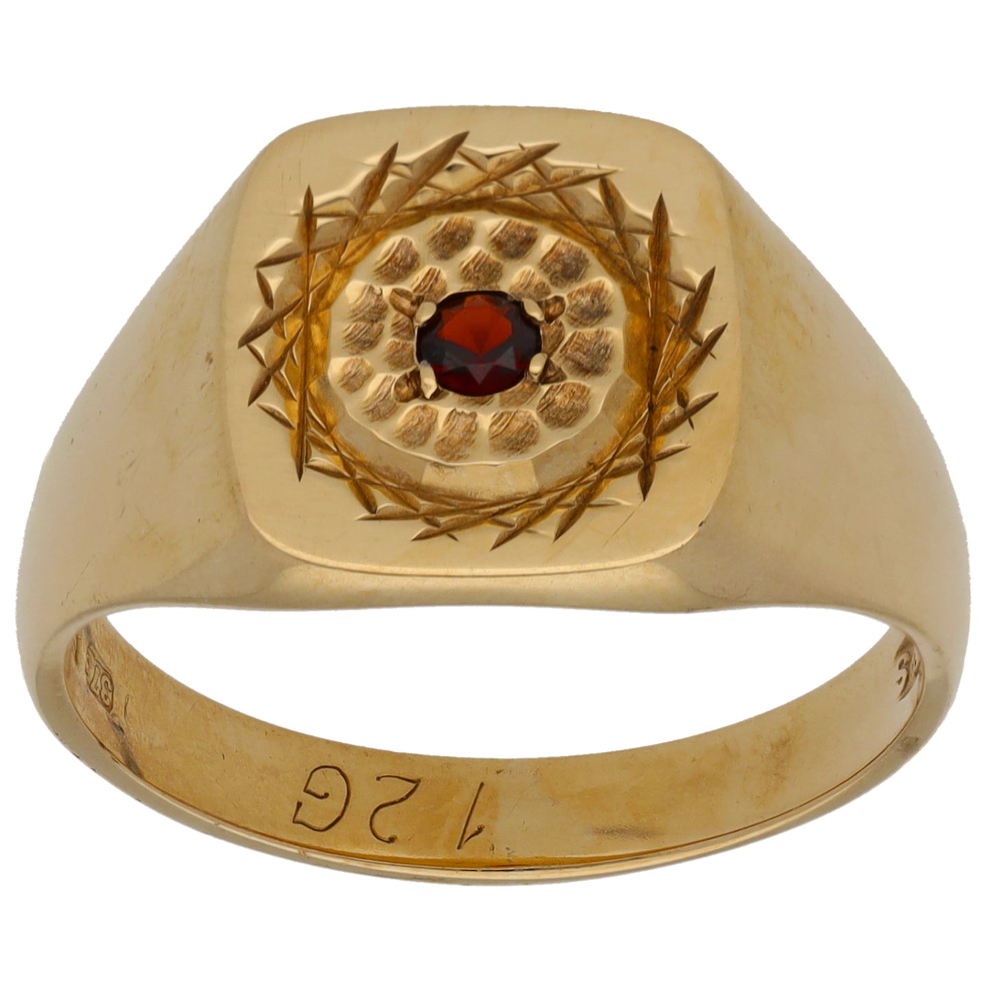 9ct Gold Garnet Single Stone Patterned Signet Ring Size U