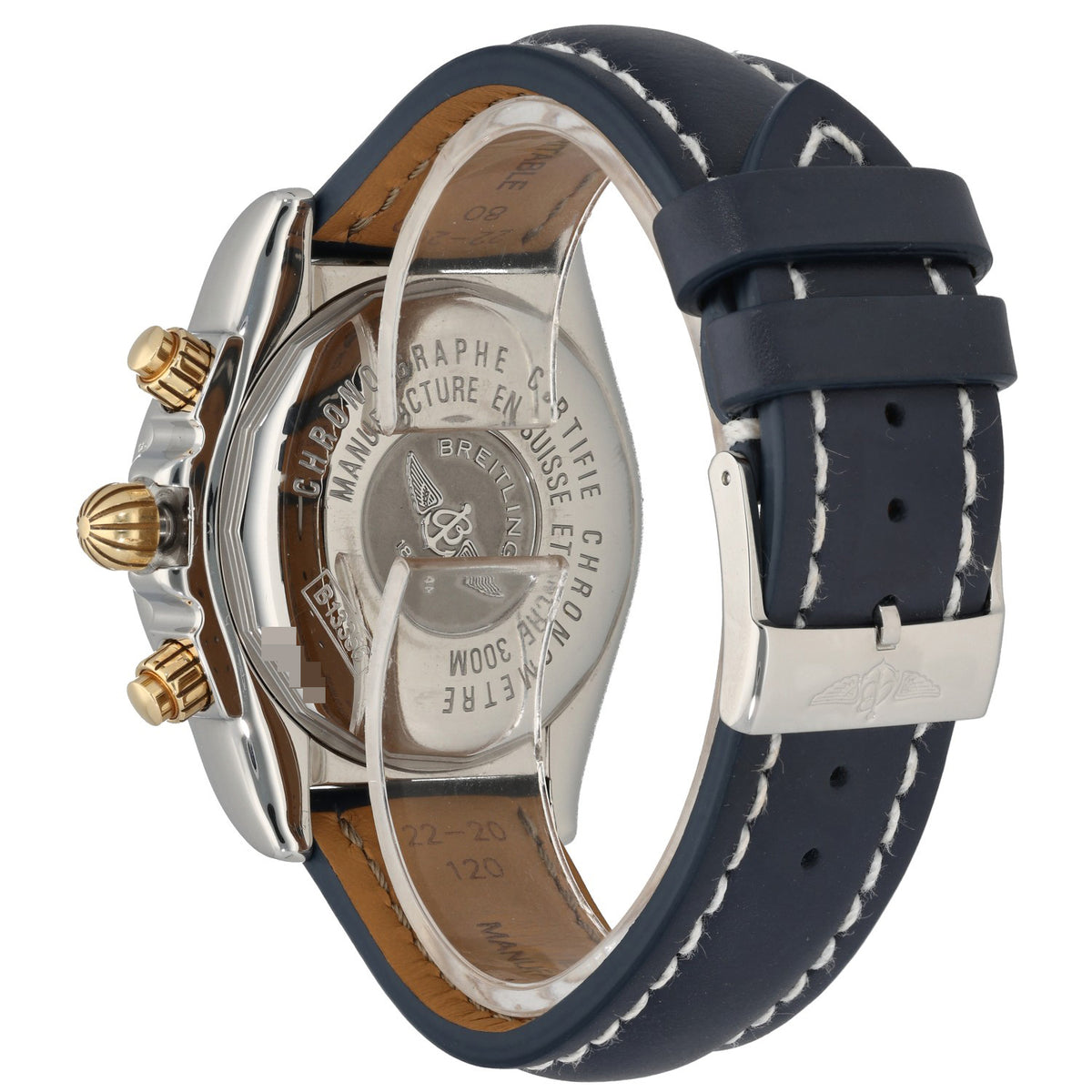 Breitling Vintage b13356 Stainless steel chronograph watch caseback, navy leather strap with stitching
