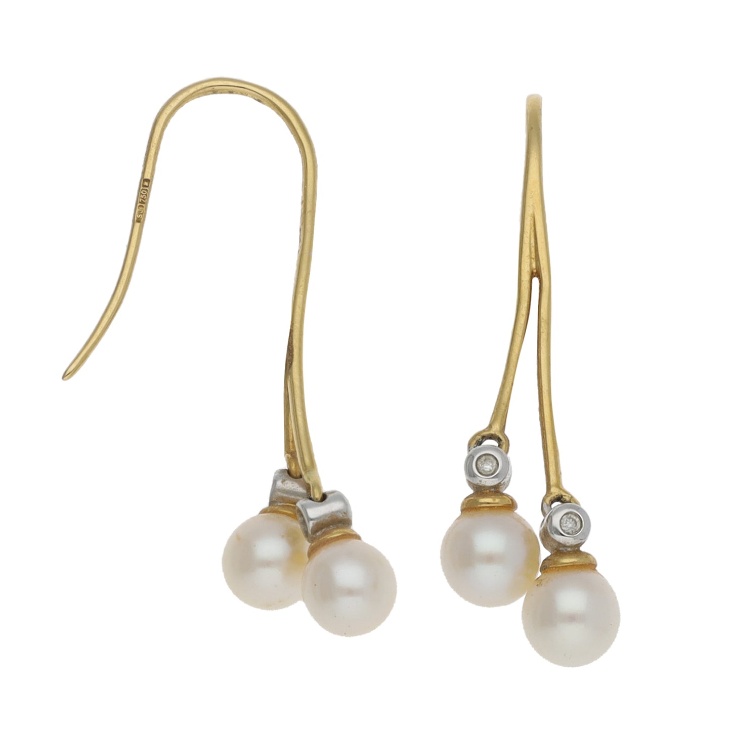 18ct Gold Cultured Pearl & 0.04ct Diamond Drop Earrings