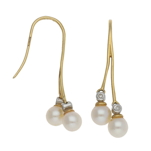 18ct Gold Cultured Pearl & 0.04ct Diamond Drop Earrings