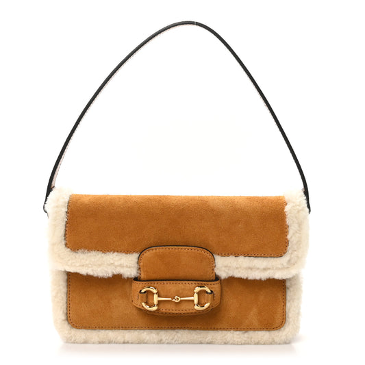 Gucci Suede Shearling Horsebit Mini 1955 Shoulder Suede Bag - Honey Beige