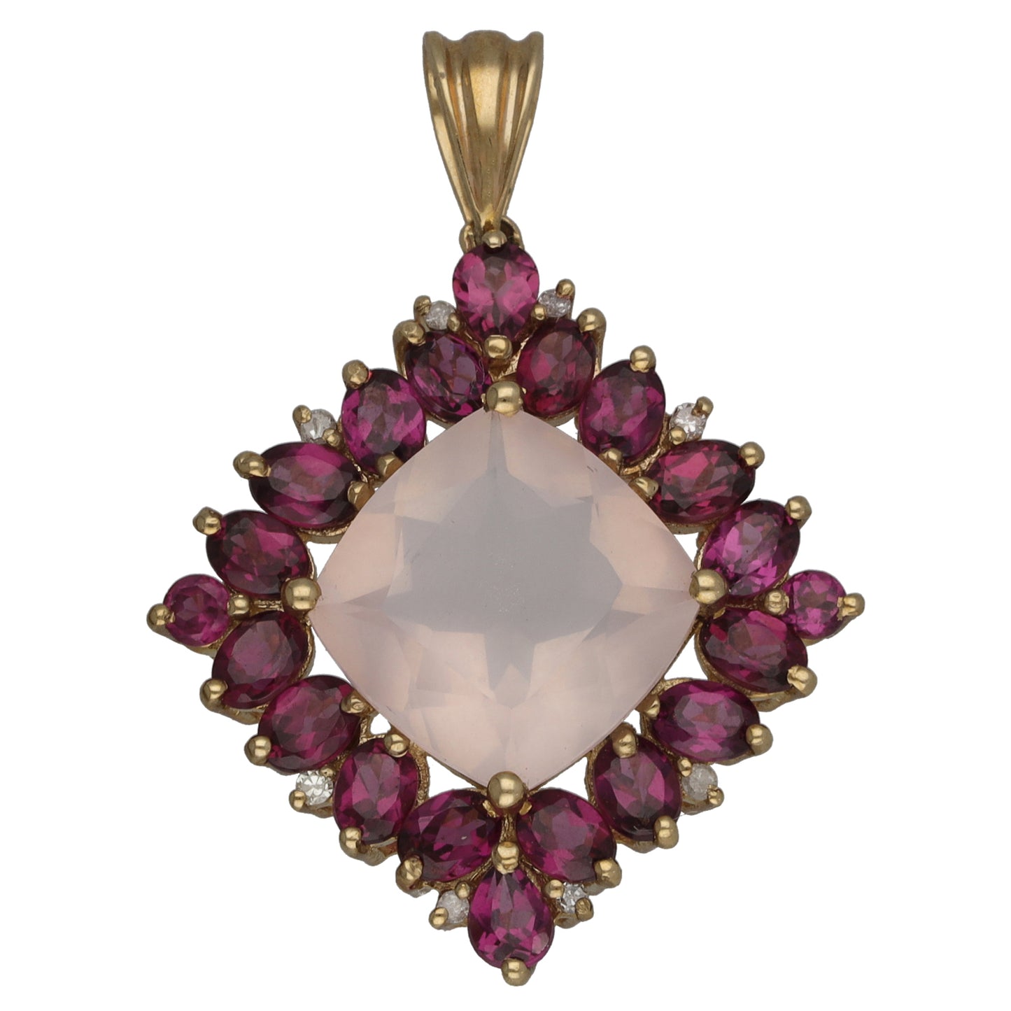 9ct Gold 0.08ct Diamond, Rose Quartz & Garnet Dress/Cocktail Pendant