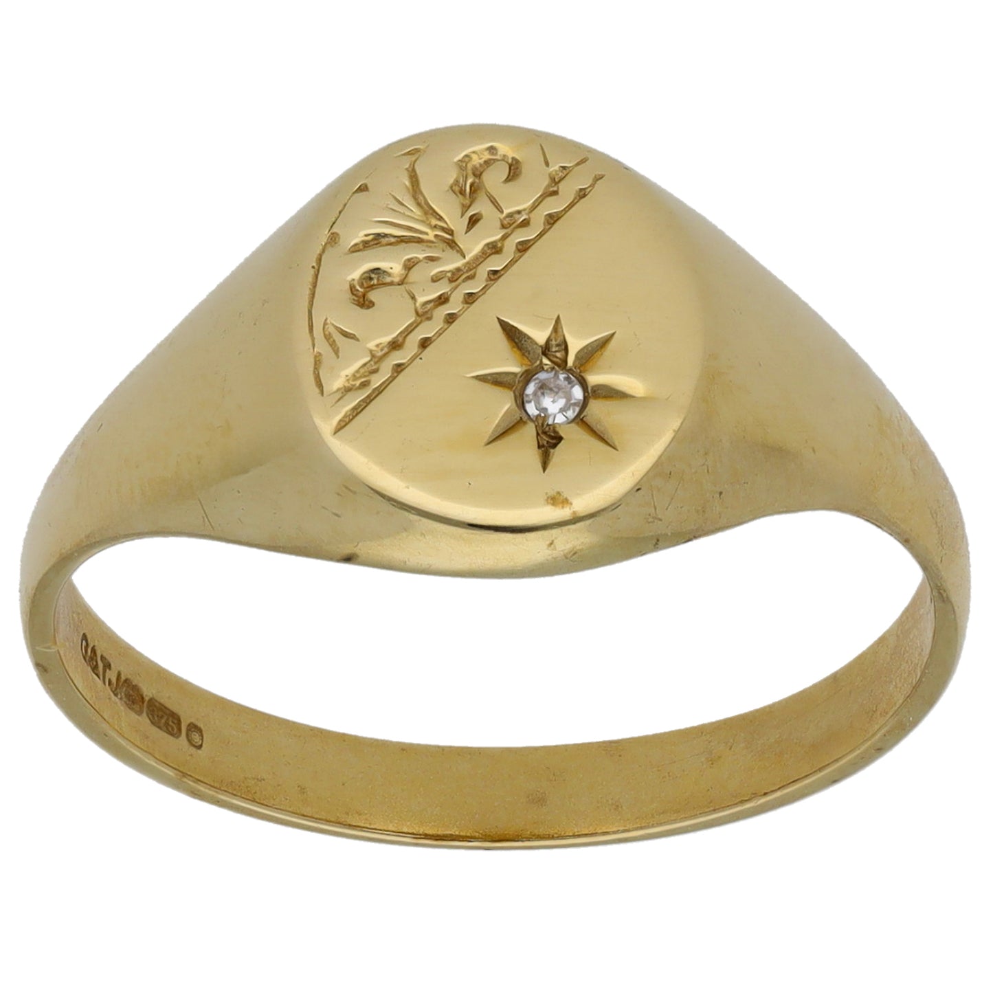 9ct Gold 0.005ct Diamond Single Stone Patterned Signet Ring Size O