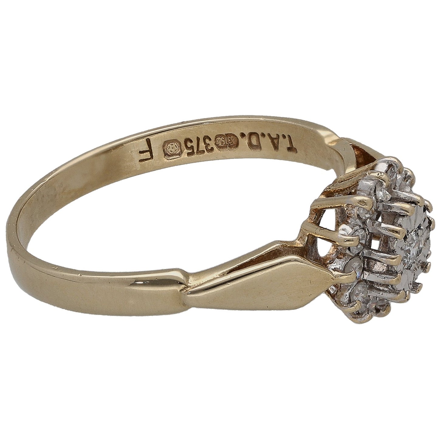 9ct gold ring with round diamond cluster, side view and inner hallmarks