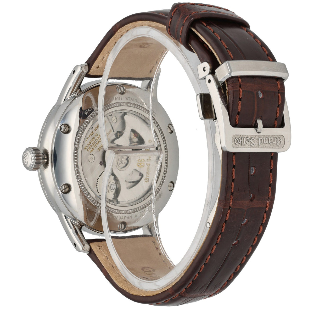 Grand Seiko Elegance Collection 9S65-00D0, with an open caseback and a brown adjustable leather bracelet