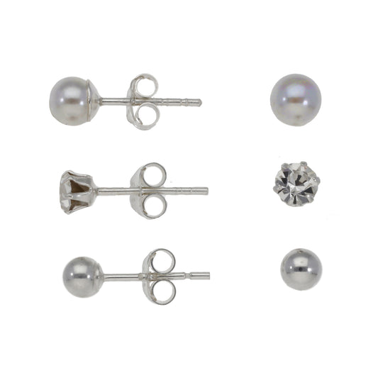 New Sterling Silver Set Of 3 Stud Earrings