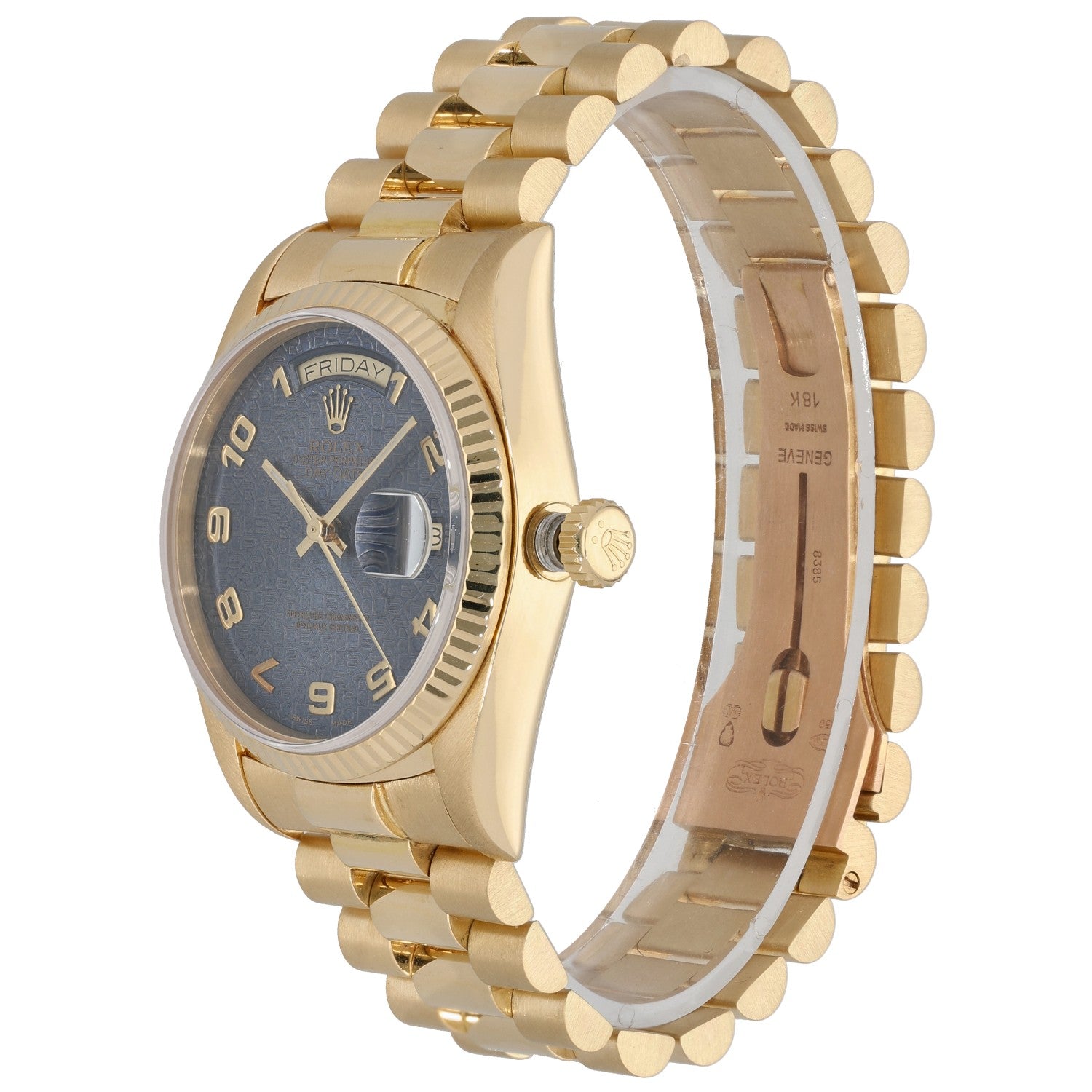 Rolex Day-Date 18038 gold wristwatch side profile with crown and blue dial