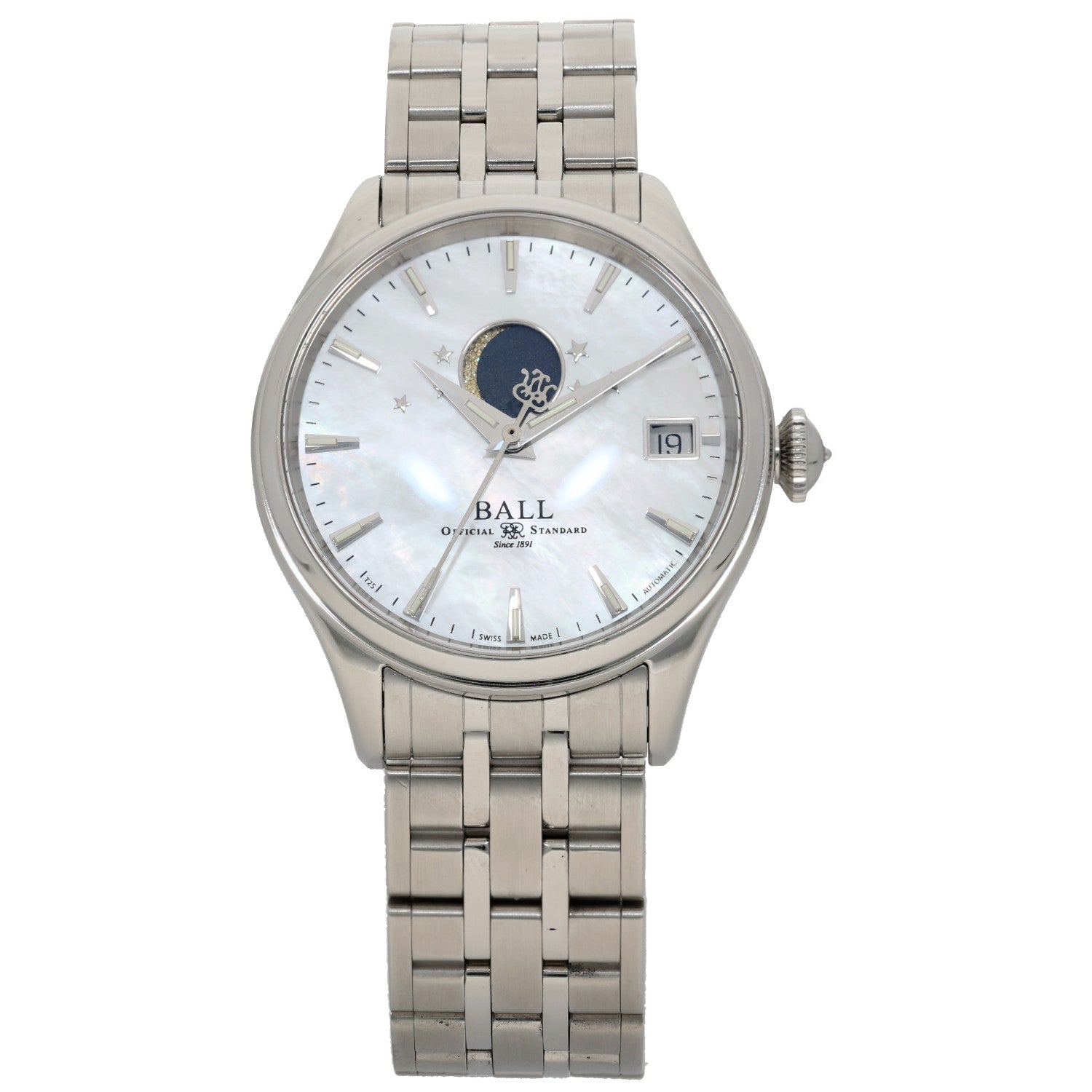 Ball Trainmaster Moonphase NL3082D, Mother of Pearl dial inside 34mm stainless steel case