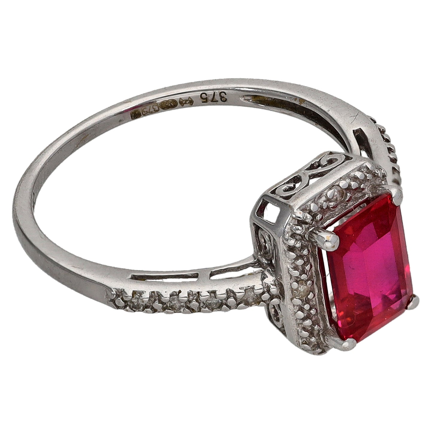 9ct White Gold Man Made Ruby & 0.06ct Diamond Dress/Cocktail Ring Size K