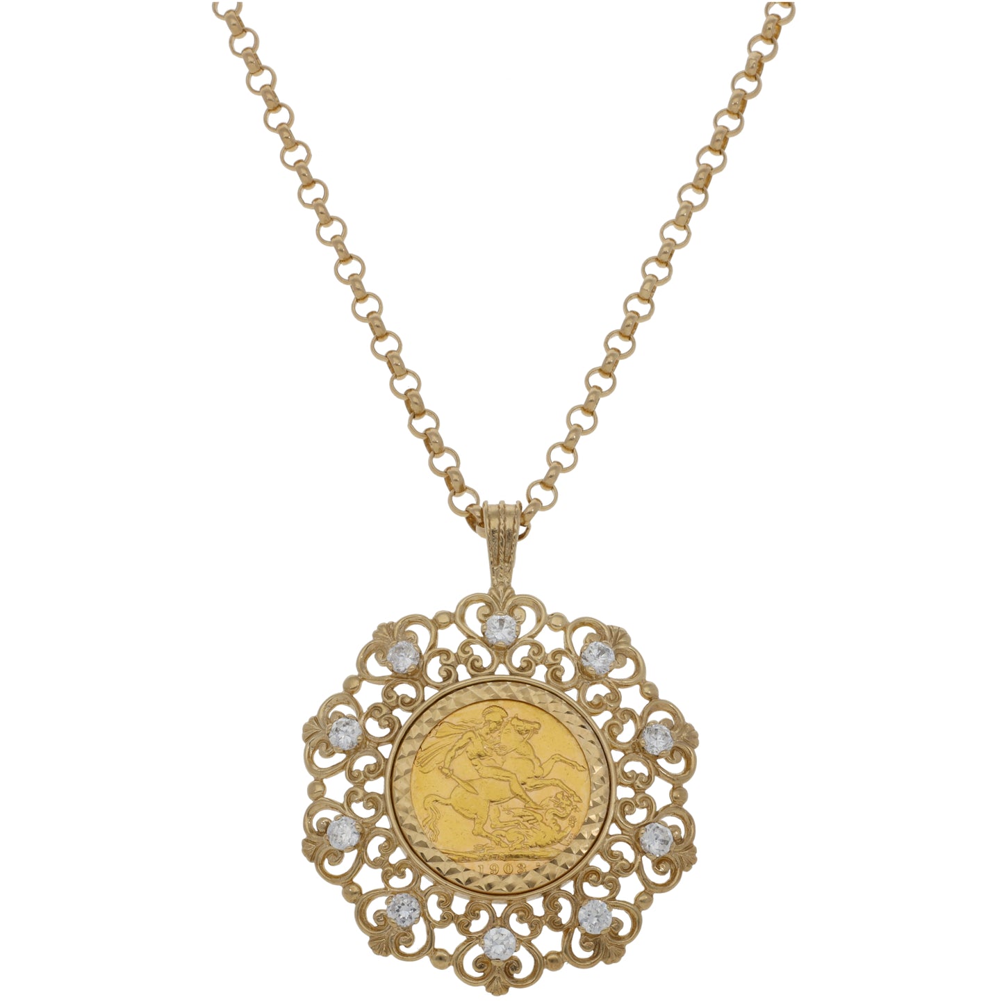 9ct Gold Cubic Zirconia Coin Pendant With Chain