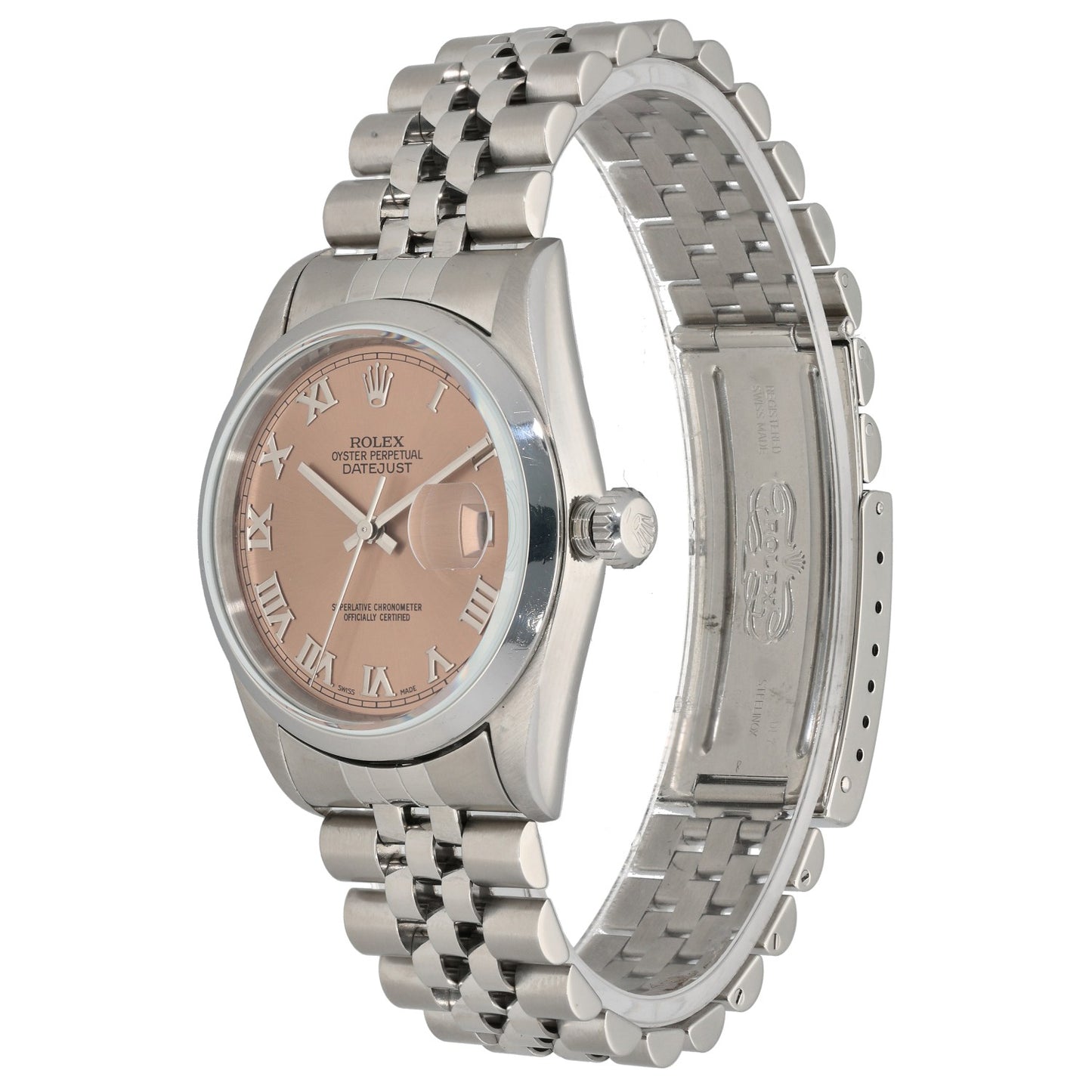 Rolex Datejust 16200, salmon dial with Roman numeral hour markers in stainless steel case, fron angle