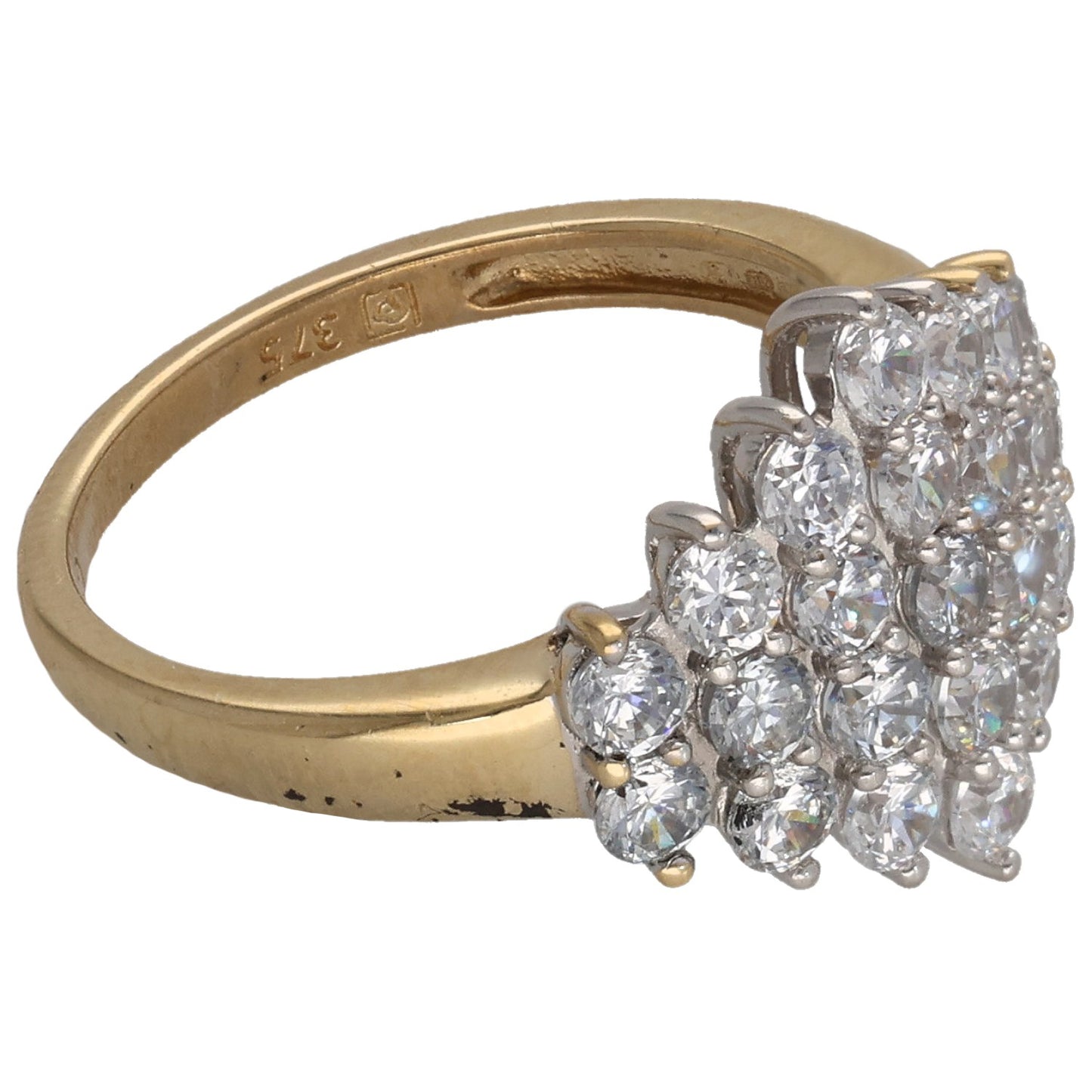 9ct gold CZ cocktail ring with clustered stones, side setting visible