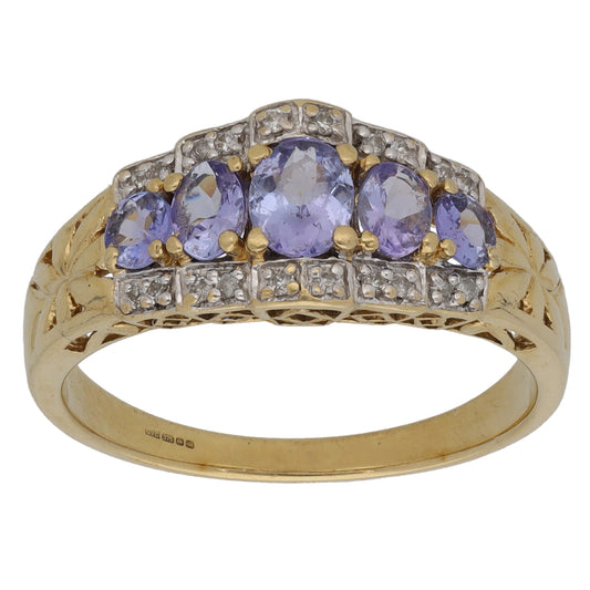 9ct Gold Tanzanite & 0.10ct Diamond Dress/Cocktail Ring Size P
