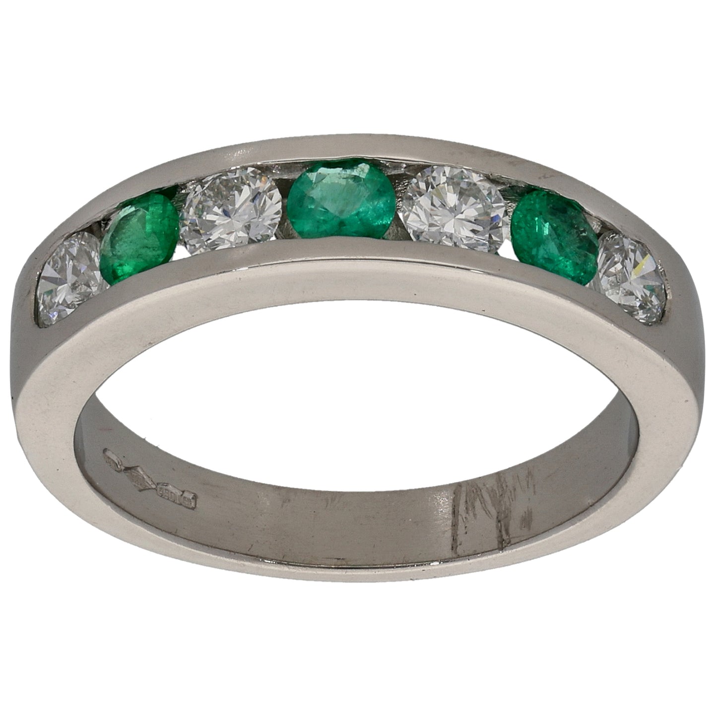 Platinum Emerald & 0.68ct Diamond Half Eternity Ring Size P