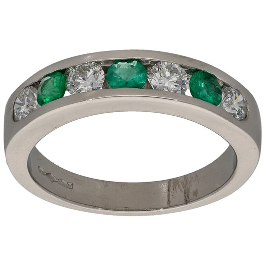 Platinum Emerald & 0.68ct Diamond Half Eternity Ring Size P