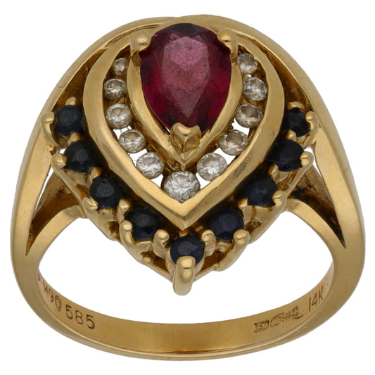 14ct Gold 0.12ct Diamond, Sapphire & Garnet Dress/Cocktail Ring Size M