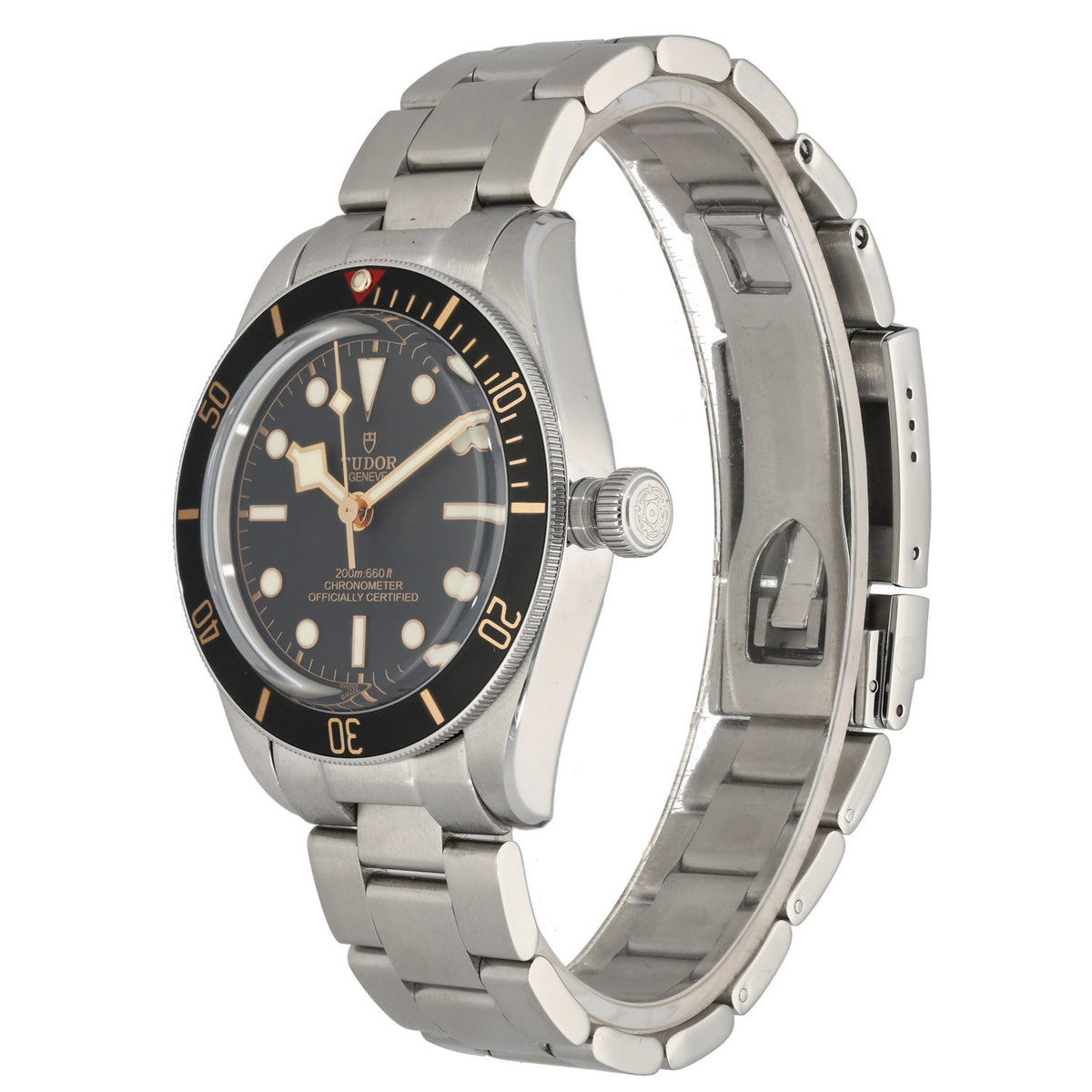 Tudor Black Bay 58 79030N, black dial and bezel in stainless steel case and bracelet, front angle