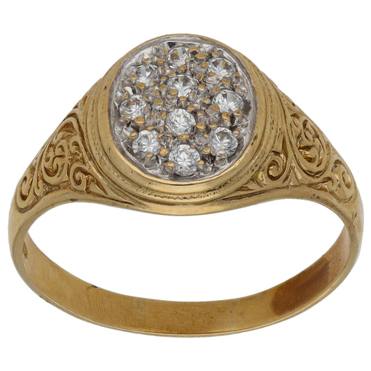 9ct Gold Cubic Zirconia Patterned Signet Ring Size W