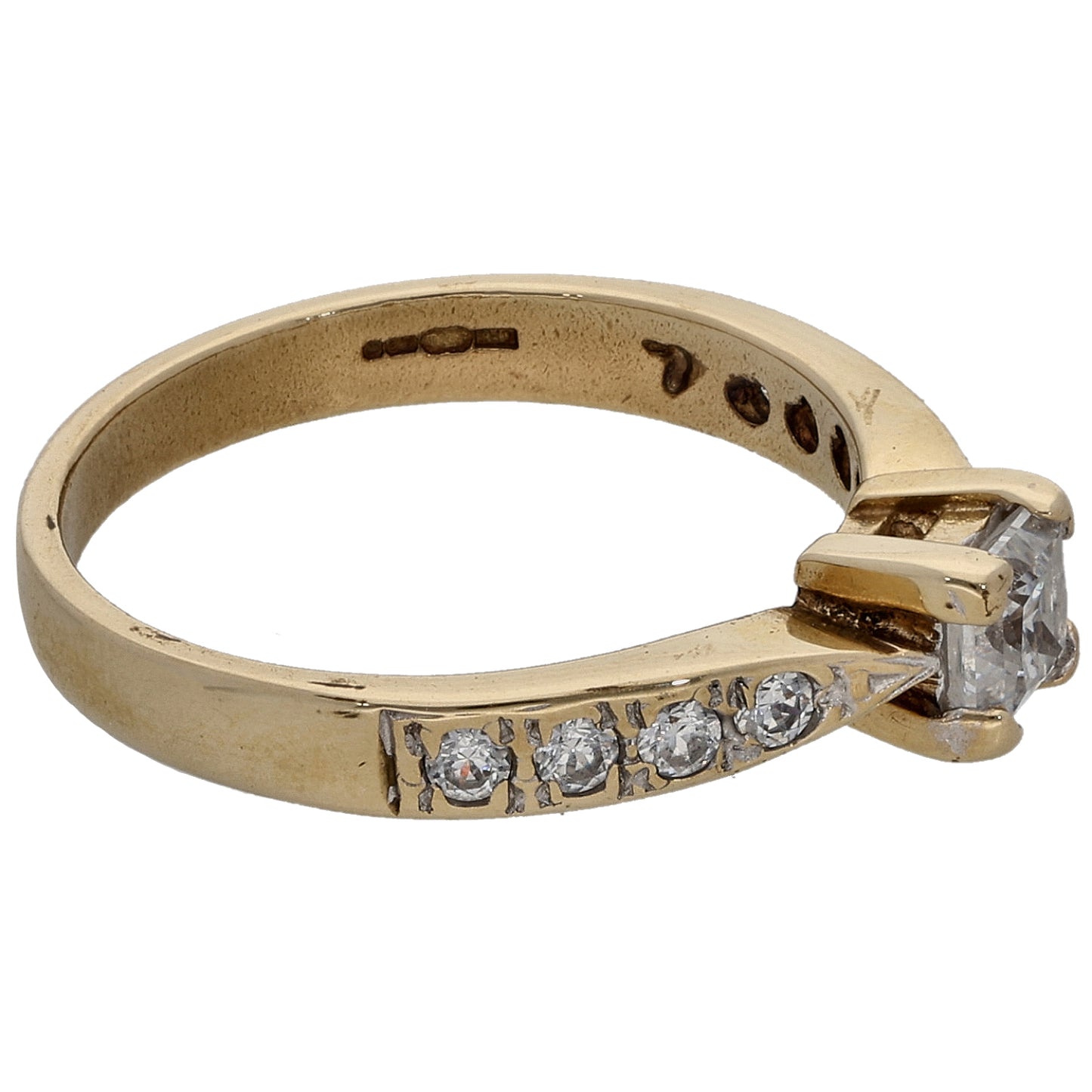 9ct Gold Cubic Zirconia Single Stone Ring with Accent Stones Size L