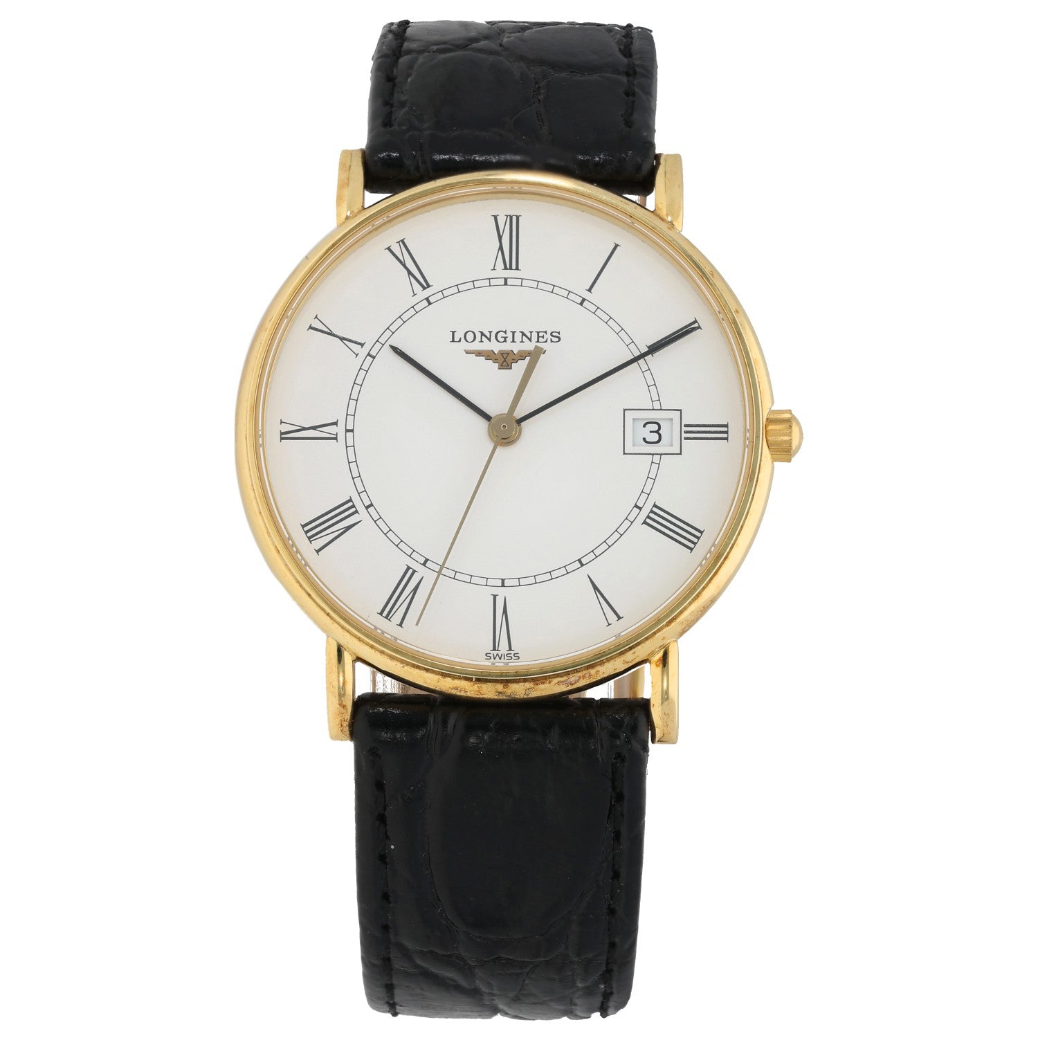 Longines Presence L4.743.6, gold case with aged leather strap, vintage dress watch