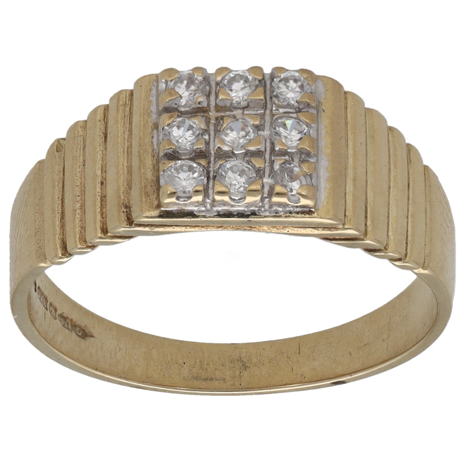 Gold tone ring with rectangular crystal CZ panel and milgrain-style borders