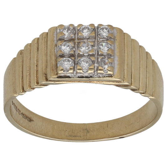 Gold tone ring with rectangular crystal CZ panel and milgrain-style borders