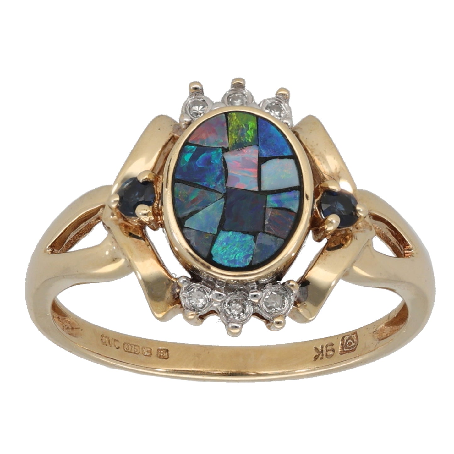 9ct Gold Mosaic Opal Doublet & Sapphire & 0.03ct Diamond Dress/Cocktail Ring Size N